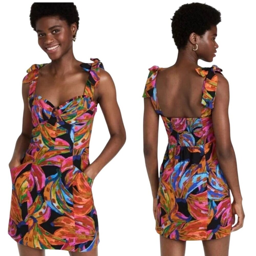 Farm Rio Rainbow Bananas Shoulder-Tie Mini Dress XS Linen - Picture 1 of 14